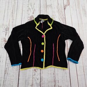Lisa Nichols Black Colorful Neon Piping Buttons Soft Knit Cardigan Sweater L